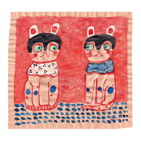 Two Papier-mache Cats in Blue and White Aprons